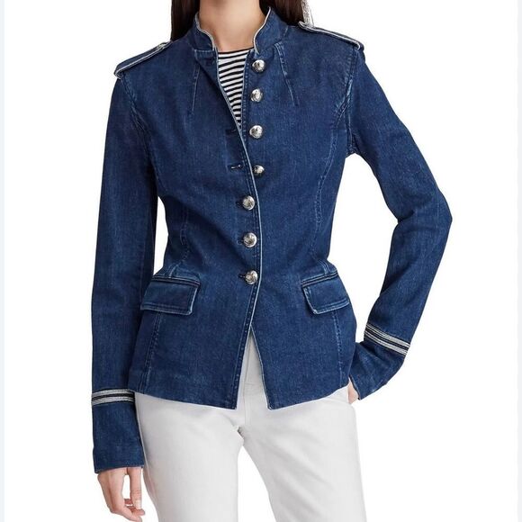 Lauren Ralph Lauren Denim Military Jacket Silver Metallic - Picture 4 of 9